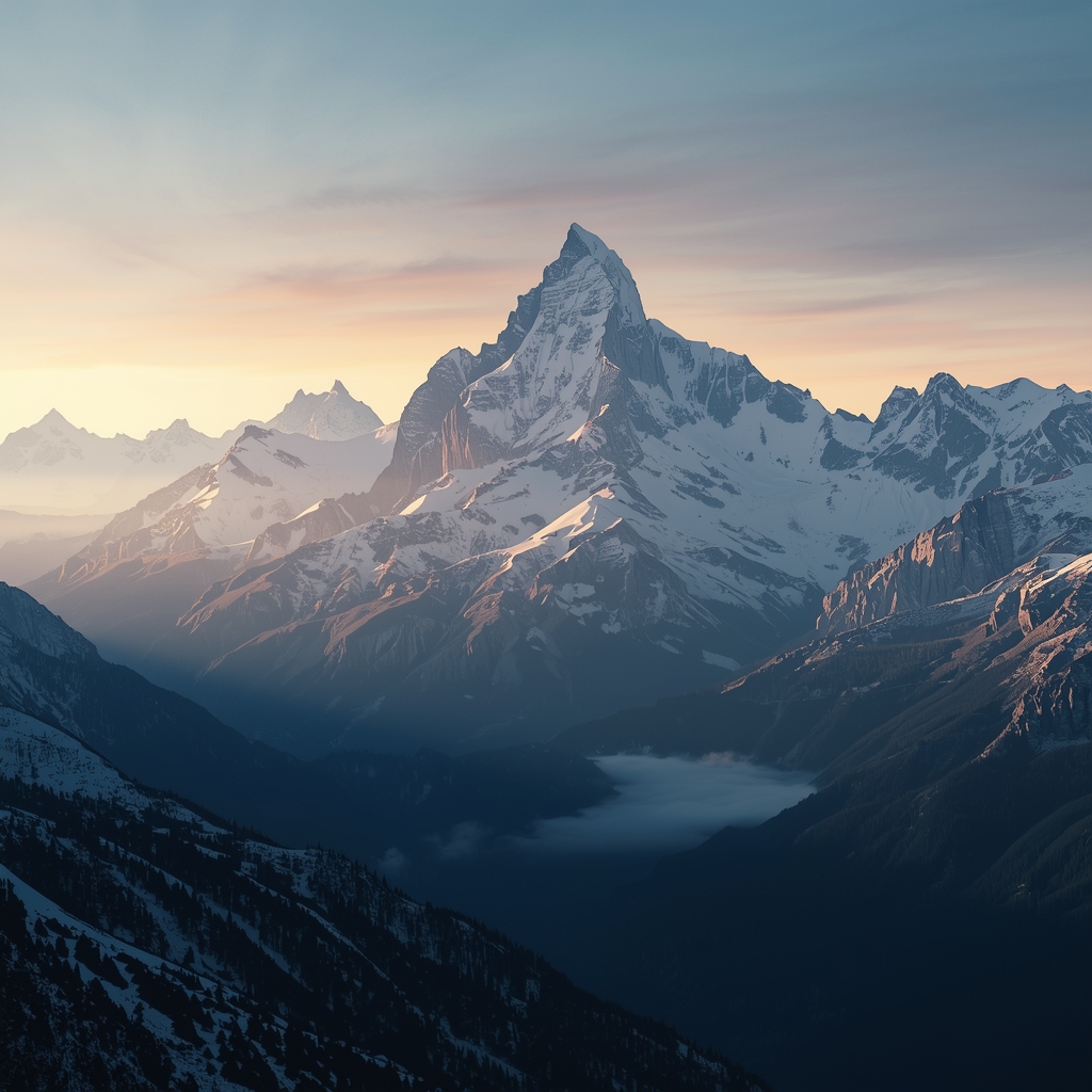 A breathtaking landscape of majestic snow-capped mountains at sunrise, realistic, adventure theme, beautiful lighting, cinematic, no people, nature photography